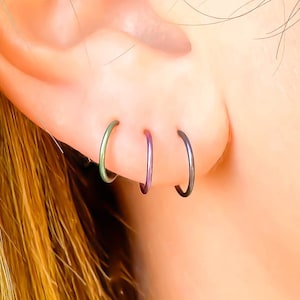 Niobium Rainbow Huggie Hoop Earrings, One Continuous Hoop OR Multiple Hoops, 20 Ga 6mm, 7mm, 8mm, 9mm, 10mm, Pink, Purple, Steel Blue, Green