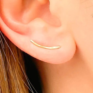 Gold Filled Ear Climber, 14K Gold Filled Dainty Ear Crawler, Right OR Left Single OR Pair Mini Curved Hammered Climbing Earrings, 15mm