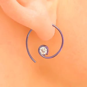Purple Niobium Mini Spiral Hoop Earrings, CZ Dangle Threader Earrings, Pair of 20 Gauge 5/7 Inch- 18mm Diameter, Hypoallergenic & Minimalist