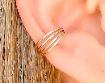 14K Gold Filled Hammered 4 Band Ear Cuff: Non Pierced Conch Cartilage Wrap