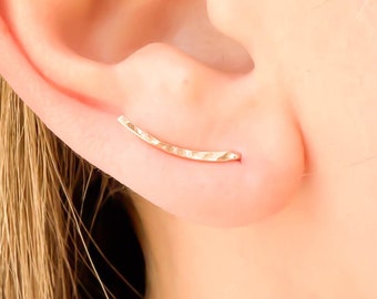 Mini 14K Rose Gold Filled Ear Climber Earrings: Single or Pair, Minimalist, Hammered Finish