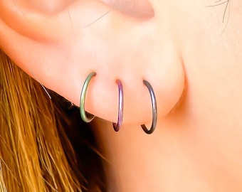 Niobium Rainbow Huggie Hoop Earrings: 20 Ga Continuous Hoops