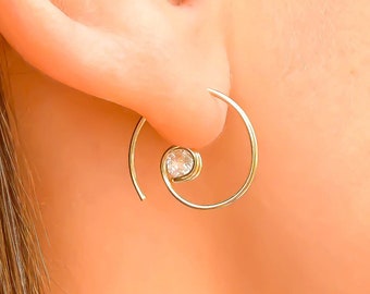 Spiral Gold Hoop Earrings CZ, 14K Gold Filled Spiral Dangle Threader Earrings, Pair of 20 Gauge 5/7 Inch - 18mm Diameter, Mirror Finish
