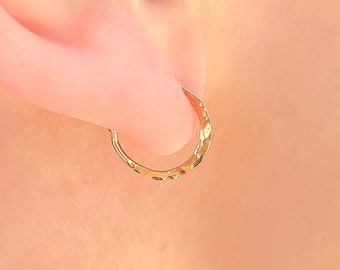 Tiny Hammered 14K Gold Filled Hoop Earrings, Huggie Hoops
