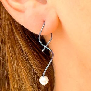 Pearl Spiral Teal Niobium Threader Earrings, Crystal Pearl Dangle Earring, 1.6 inch Drop Corkscrew Earring, Hypoallergenic, Dainty Minimal
