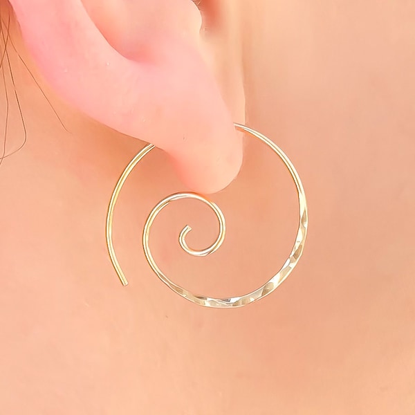 Hammered Gold Spiral Earrings, Gold Filled Hoops, Spiral of Life Earrings