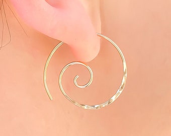 14K Gold Filled Hammered Spiral Earrings, Dainty Threader Hoops