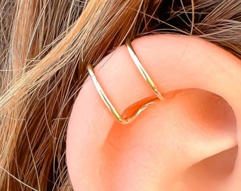 14K Gold Filled Two Line Ear Cuff, Faux Non Pierced Minimalist Cartilage Cuff Earring, Two Band Cuff Soldered Together, 10mm Diameter