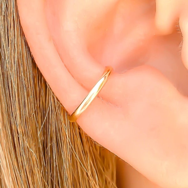 Solid 14K Gold Ear Cuff Earring, Non Pierced 14K Gold Cartilage Ear Wrap, 12mm Diameter Conch Cuff, 2mm Wide Half Round Adjustable, Minimal