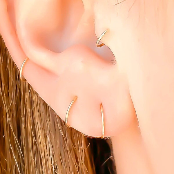 18K Solid Gold Tiny Hoop Earrings, 100% True 18K Hoop, 6mm 7mm 8mm 9mm 10mm, 22 or 20 Gauge Continuous Hoop, Endless Pierced Cartilage Hoop