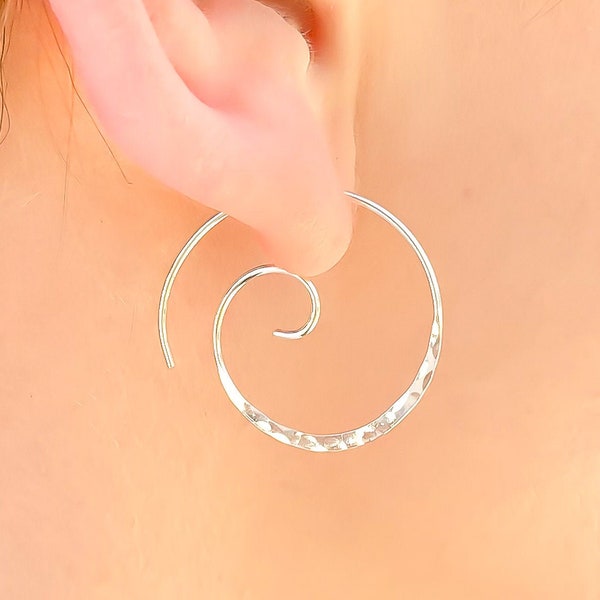 Silver Spiral Earrings, Hammered Hoop Earrings, Silver Hoop Earrings, Silver Hammered Hoops