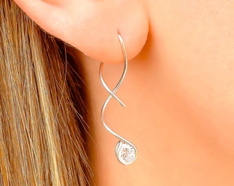 Sterling Silver Threader Spiral Earrings, CZ Dangle Earrings, Pair of 20 Gauge 1.25 inch Drop Corkscrew Earring, Dainty Minimalist Earring