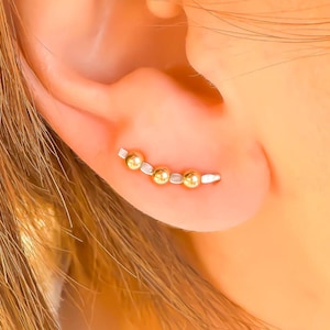Beaded Ear Climber 14K Gold Filled & Sterling Silver, Right OR Left Single OR Pair Mini Curved Dainty Ear Crawler, 15mm Long 3mm Beads, Gift