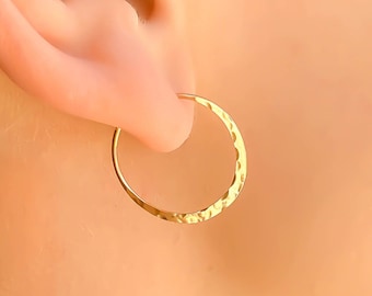 14K Hammered Gold Hoops, Solid 14K Gold Hoop Earrings, Hammered Gold Earrings, Small Hoop Earrings 14K, 20mm Solid Gold Earrings