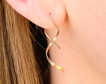 Solid 14K Gold Spiral Earrings, Gold Dangle Earrings, Gold Threader Earrings, Gold Corkscrew Earrings, 14K Gold Minimalist Earrings