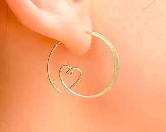 Heart Spiral Hoop Earrings, 14K Gold Filled Spiral Dangle Earrings, Pair of 20 Gauge 7/8 Inch Wide Threader, Dainty Valentine’s Day Earrings