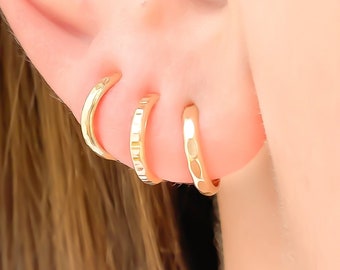 14K Gold Filled Hammered Hoop Earrings, Gold Filled Huggie Earrings, Small Gold Hoops, Set of Three OR One Pair of Hoops 10mm