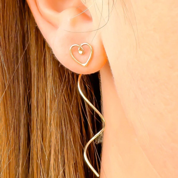 Heart Spiral Threader Earrings, 14K Gold Filled Dangle Earrings, Pair of 20 Gauge 1.5 inch Drop Corkscrew Earring, Dainty Minimalist Earring