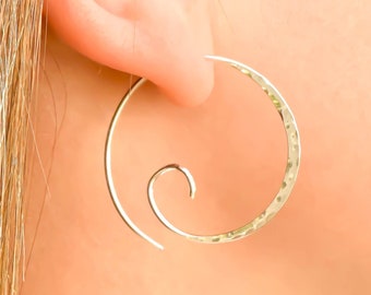 Thick Spiral Earrings, Silver Hoop Earrings, Sterling Silver Earrings, Hammered Hoop Earrings, Spiral Hoop Earrings, Minimalist Earrings