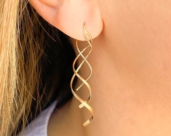 Long 14K Gold Filled Spiral Drop Earrings, Threader Style