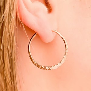 Rose Gold Earrings, Rose Gold Hoops, Rose Gold Filled Hoops, Minimalist Hoop Earrings, 25mm Hammered Hoop Earrings