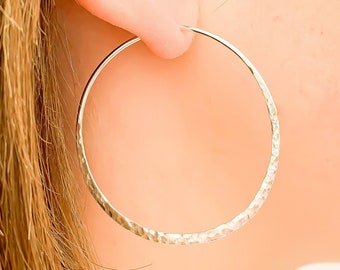 Silver Hoop Earrings, Hammered Hoop Earrings, Large Silver Hoop Earrings, Sterling Silver Earrings, 45mm Hoop Earrings