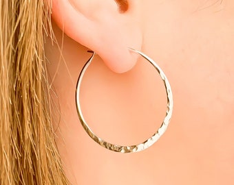 Sterling Silver Hoop Earrings, Hammered Style, 30mm