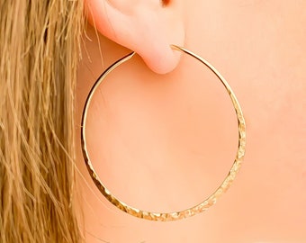 Gold Hoop Earrings, Large Gold Hoops, Hammered Hoop Earrings, 14k Gold Filled Earrings, 45mm Hoop Earrings