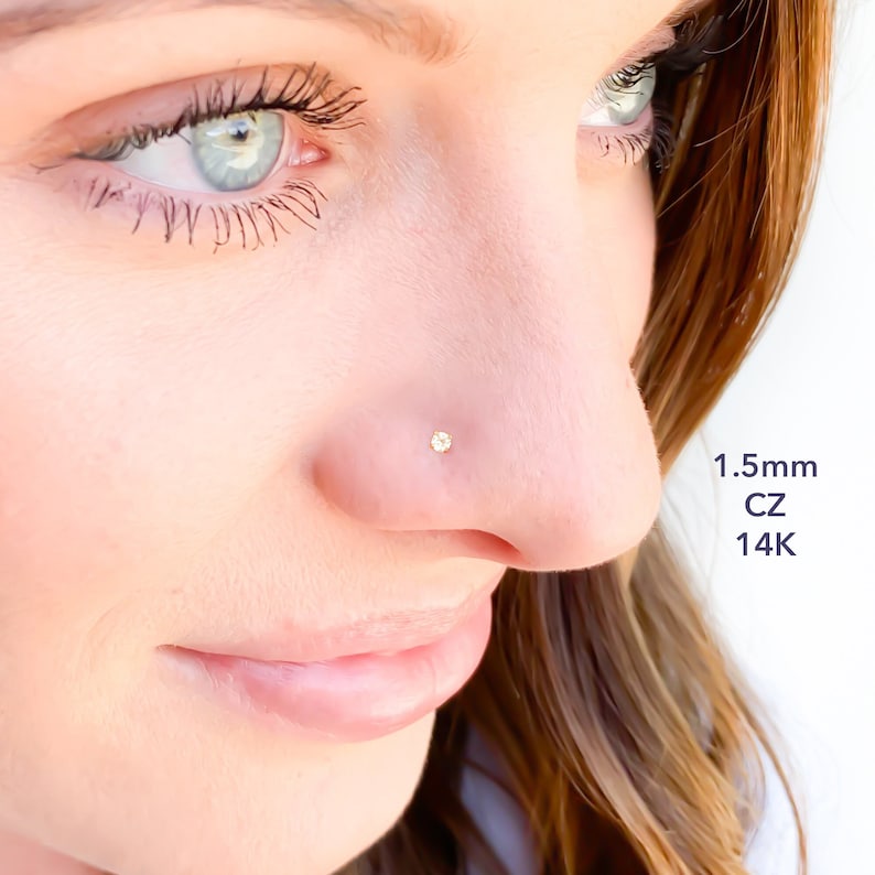 Solid 14K Gold True Diamond Nose Screw Stud, 1mm Diamond, 1.5mm CZ, 2mm CZ, Twist in 22 Gauge Post, One Single Piece, 2mm Crown Setting image 10