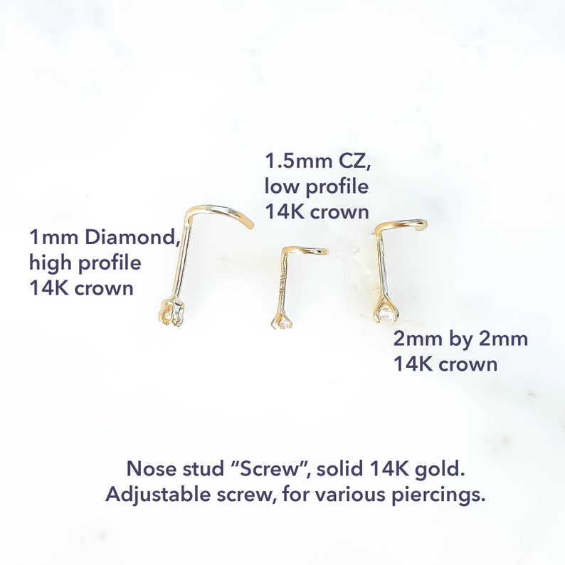 Solid 14K Gold True Diamond Nose Screw Stud, 1mm Diamond, 1.5mm CZ, 2mm CZ, Twist in 22 Gauge Post, One Single Piece, 2mm Crown Setting image 5