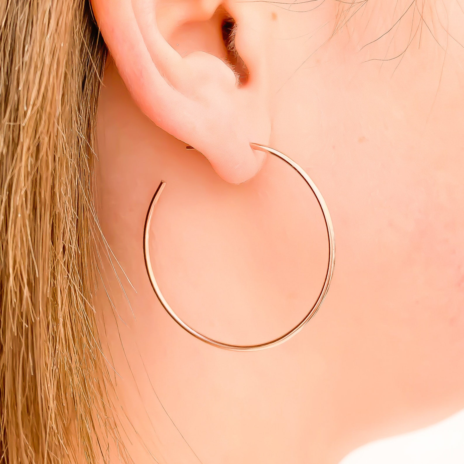 Rose Gold Hoop Earrings Large Wire Hoop Earrings 14K Rose Etsy