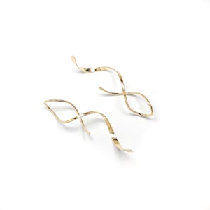 May include: A pair of gold-toned, twisted wire earrings. The earrings are long and dangle, with a delicate, curved shape.