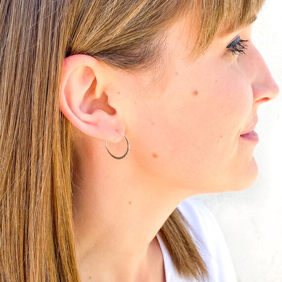 Small hammered silver hoop cheap earrings