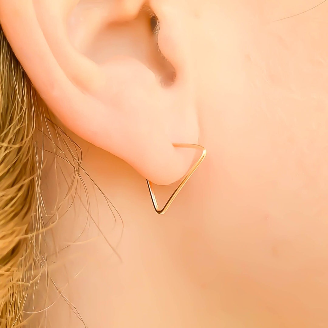 Solid 14K Gold and White Gold Triangle Hoop Earrings, Triangle Gold Hoops, Geometric Earrings