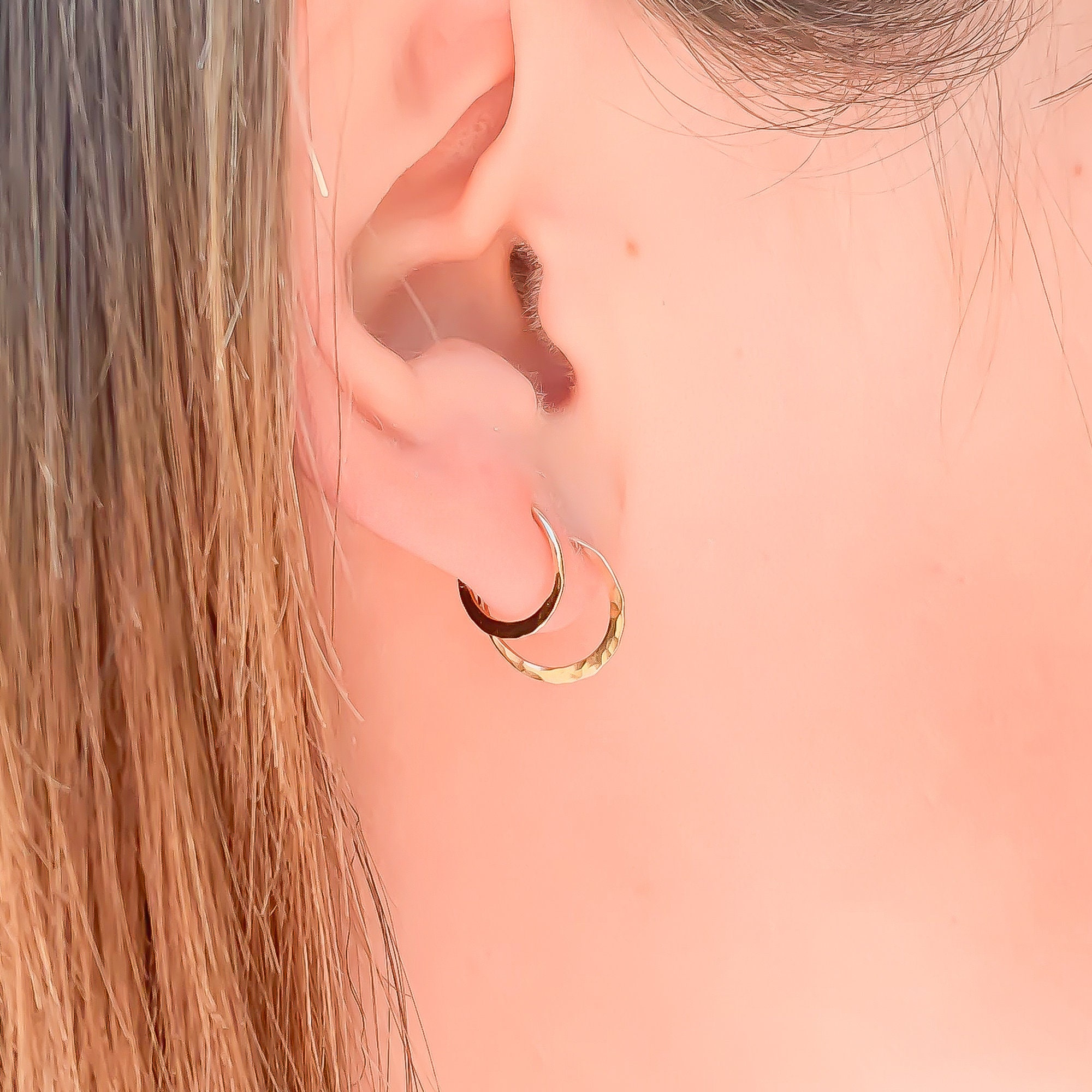 Small Gold Hoops, 14K Gold Filled Hammered Hoop Earrings, Huggie Jewelry