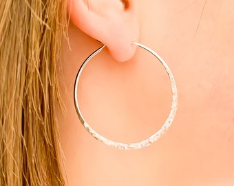 Minimalist Hoop Jewelry, Large wire hoop earrings, Silver hammered hoop, 40mm hoop earrings