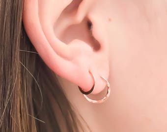 Small Rose Gold Hoop Earrings, Rose Gold Hammered Hoops, Set of 2 Hoops, 14K Rose Gold Filled, Small Hoop Earrings, Multiple Piercings