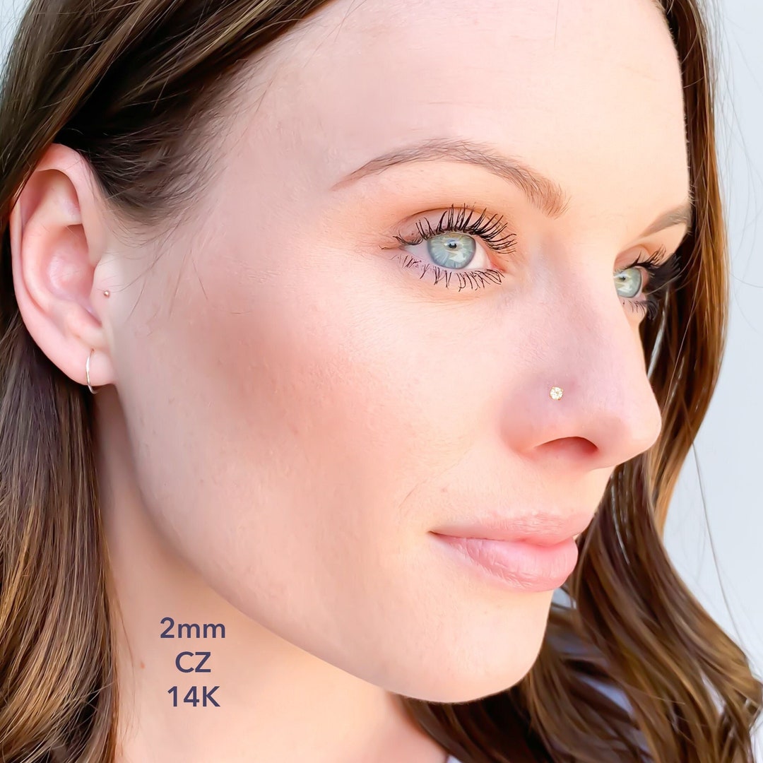 Solid 14K Gold True Diamond Nose Screw Stud, 1mm Diamond, 1.5mm CZ, 2mm CZ, Twist in 22 Gauge