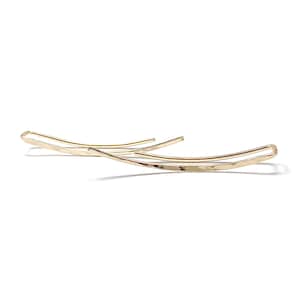 May include: A pair of gold-toned, hammered, curved earrings. The earrings are simple and minimalist in design.