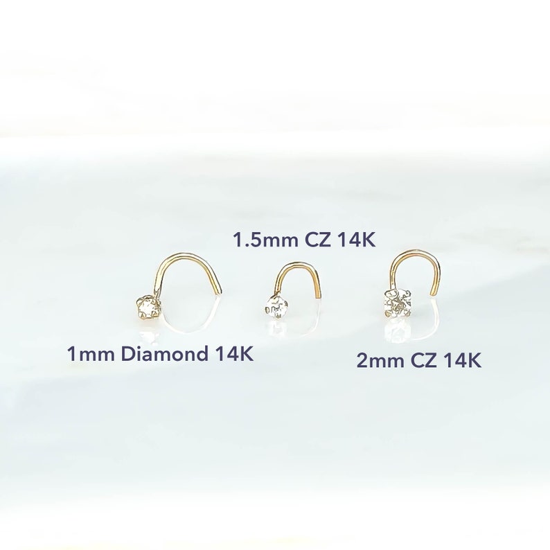Solid 14K Gold True Diamond Nose Screw Stud, 1mm Diamond, 1.5mm CZ, 2mm CZ, Twist in 22 Gauge Post, One Single Piece, 2mm Crown Setting image 3