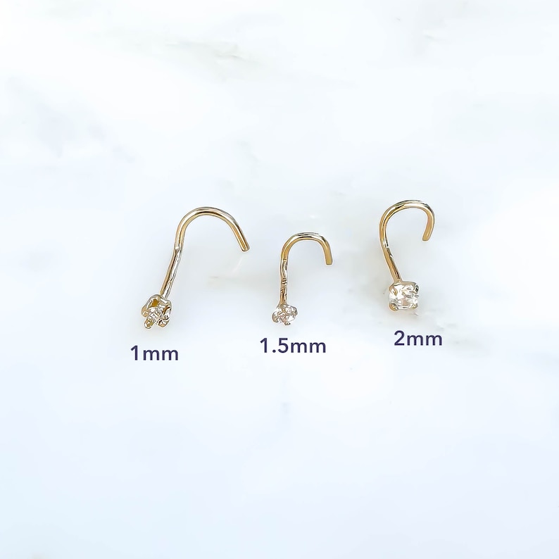 Solid 14K Gold True Diamond Nose Screw Stud, 1mm Diamond, 1.5mm CZ, 2mm CZ, Twist in 22 Gauge Post, One Single Piece, 2mm Crown Setting image 6