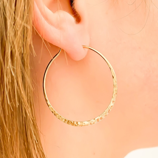 Minimalist Hoop Jewelry, Large Wire Hoop Earrings, 14K Gold-Filled, Gold Hammered Hoops, 40mm Hoop Earrings