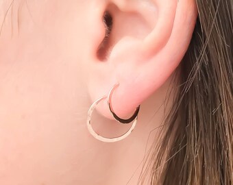 Small Rose Gold Hoop Earrings, Rose Gold Hammered Hoops, Set of 2 Hoops, 14K Rose Gold Filled, Small Hoop Earrings, Multiple Piercings