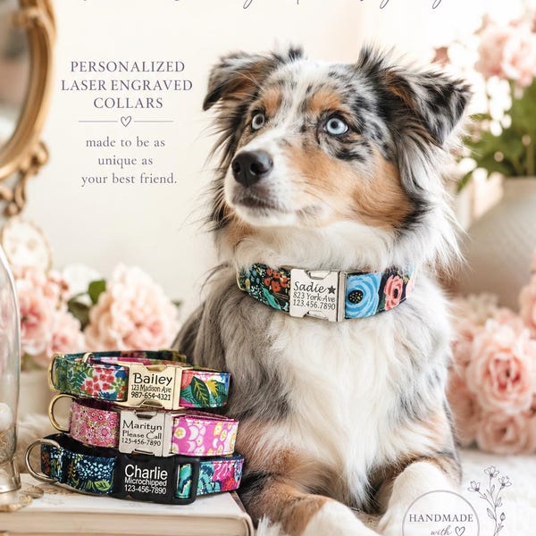 Martingale Dog Collar: Feminine Floral Twin Print Aqua Pink Navy Wine Laser Engraved Personalized