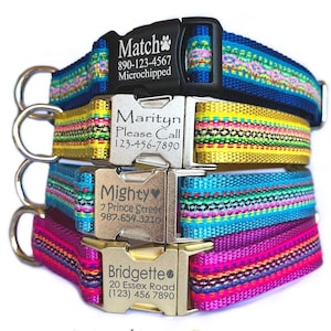 Personalized Dog Collar: Peru Tribal Ribbon, Laser Engraved Buckle Pink Aqua Yellow Blue