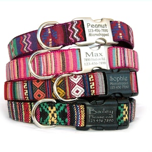 May include: Four colourful dog collars with personalised silver and black tags. The collars feature a woven pattern with red, pink, black and yellow stripes. The tags include the dog's name, phone number and the text "Microchipped".