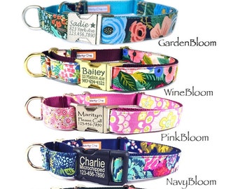 Martingale dog collar Personalized laser engraved buckle dog id tag Cute feminine floral stripe dog lover gift monogram custom buckle collar