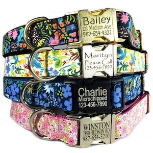 Tiny flower print dog collar Personalized laser engraved silver gold metal or black plastic buckle Cute girl floral cotton fabric pet collar