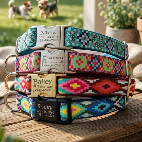 Monogram Dog Collar: Personalized Laser Engraved id Buckle 1 inch Wide for Medium - Large dogs Mosaic Arrow patterns. Pink, wine red, blue.