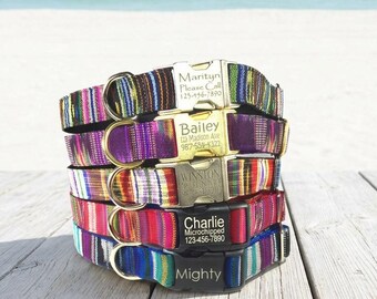 May include: A stack of colorful dog collars with personalized nameplates. The collars feature striped patterns in various colors, including purple, red, blue, and green. Each collar has a metal buckle with engraved text, such as names and contact information. The background shows a beach scene.